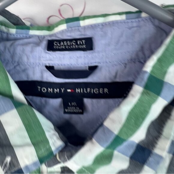 Tommy Hilfiger button up tshirt collared Men's Green and Blue Checkered Shirt - Picture 9 of 12
